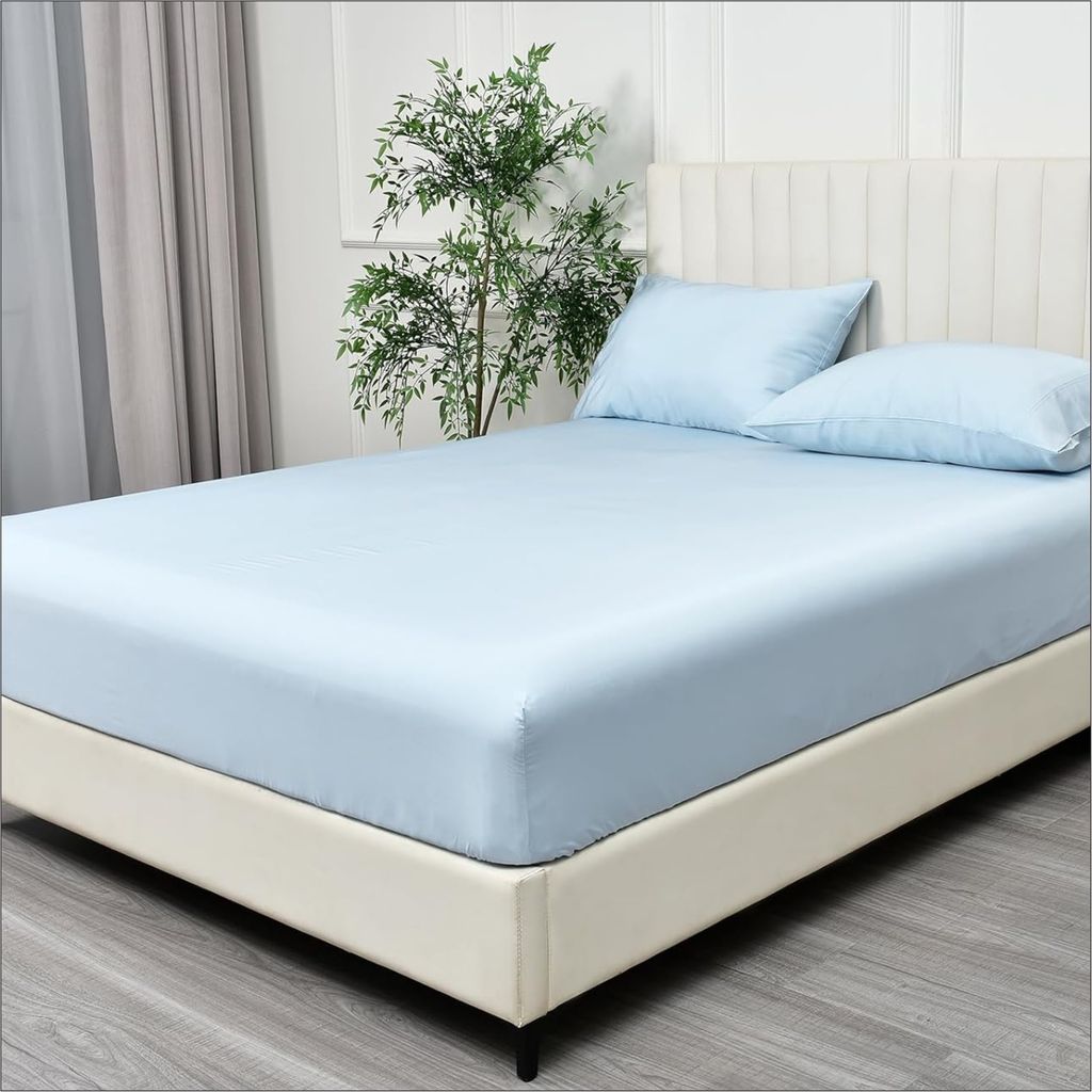 Bedding Fitted Sheet: 3-Pcs King Size Solid Sheet With Pillowcases Set and Soft-Silky 30 Cm Extra Deep Brushed Microfiber Cooling Bed Sheet,Sky Blue