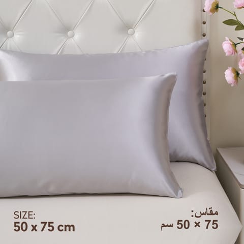 طقم اغطية مخدة قطعتين الساتان الحريري مقاس 75×50 رصاصي فاتح