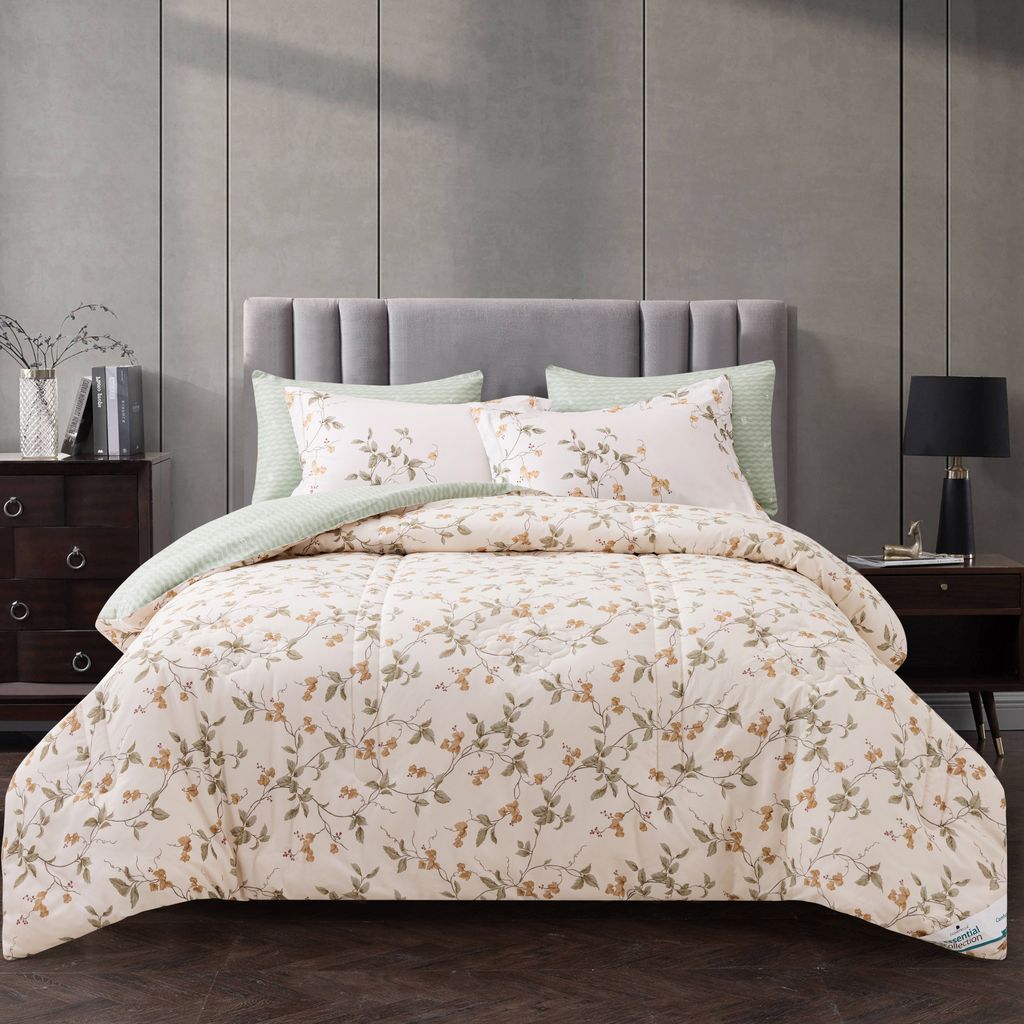 Printed Comforter Set 4-Pcs Single Size Reversible Single Bed Comforter Set With Super-Soft Down Alterntaive Filing,Cream
